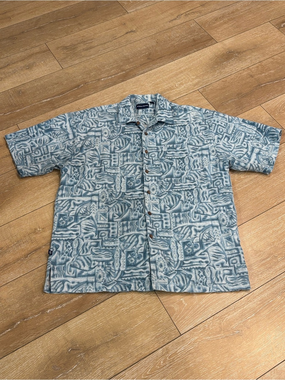 West Marine Hawaiian Aloha Camp Shirt Blue Tribal Tiki Print 100% Cotton Size L